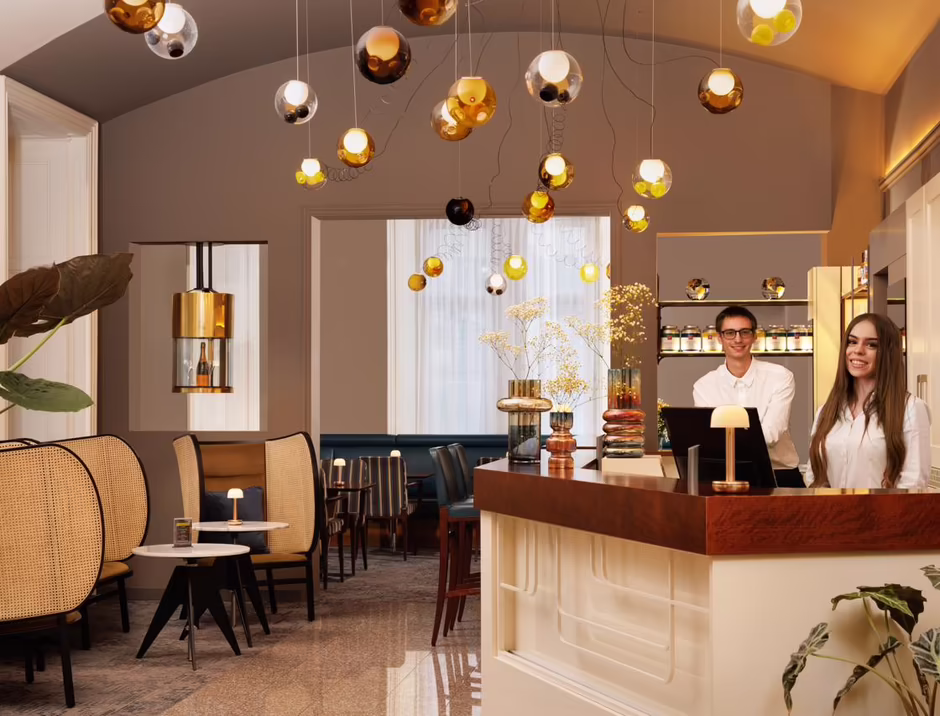 Rezeption im HiLight Suites Hotel Heller Empfangsbereich mit Rezeption im HiLight Suites Hotel